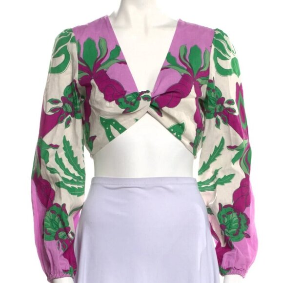 Caroline Constas Purple Green Floral Long Sleev Cropped Top L - Picture 1 of 7